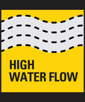 Illustration of high water flow symbol with black and white wavy lines on yellow background, related to 7 Pattern Thumb Control Nozzle