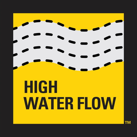 Illustration of high water flow symbol with black and white wavy lines on yellow background, related to 7 Pattern Thumb Control Nozzle