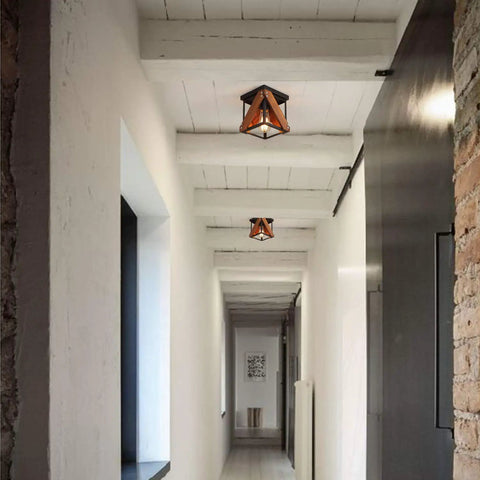 Dope Rustic Industrial Two Light Flush Mount Ceiling Light With Metal And Wood Square Frame in hallway
