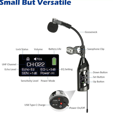 Wireless Saxophone Microphone System Clip On Instrument Microphone For Sax And Trumpet With Preset EQ and echo level display