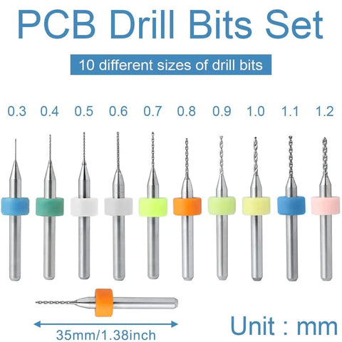 Image of Pro Grade PCB Drill Bits Set 0.3mm To 1.2mm, 10 sizes with color-coded handles displayed vertically.