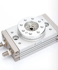 Industrial Grade Tough As Nails Pneumatic Rotary Actuator With Slick Air Gripper Assembly Precision Table Cylinder MSQB10R MSQA10R top view of actuator with gripping mechanism