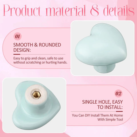12 Pcs Colorful Ceramic Dresser Knobs With Heart Shape Pulls for Girls, single hole design, blue knob detail with easy DIY installation.