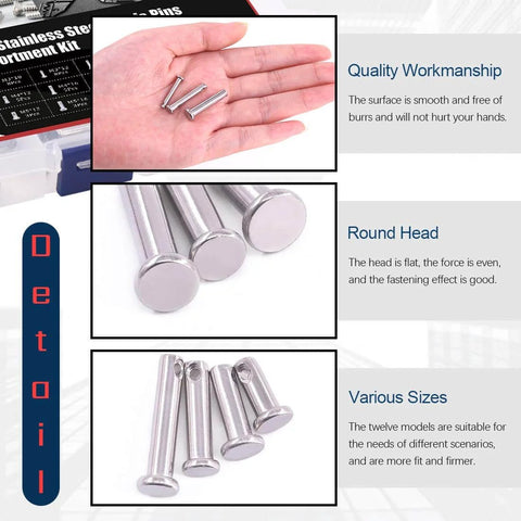 Stainless Steel Clevis Pins Kit 44Pcs 12 Sizes 304 Grade Assortment Go-To For M3 M4 M5 Fasteners overview with close-ups.