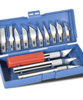 13 Piece Precision Craft Knife Set with Interchangeable Blades and Ergonomic Handles in blue box; ideal for pumpkin carving and DIY projects