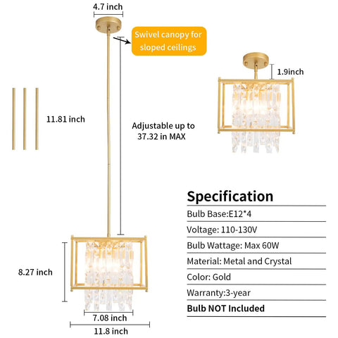 Gold Crystal Chandelier Pendant Light Four Light Industrial Fixture Square 11.81 Inch Dope Modern Vintage Vibe Semi Flush Mount