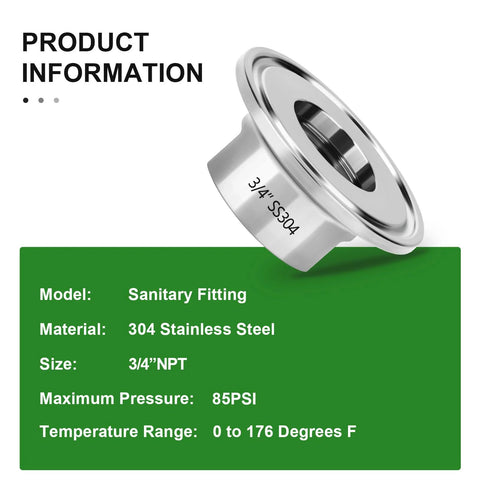 Angled close-up of a 3/4-inch NPT female sanitary fitting in SS304 stainless steel (tri-clamp).