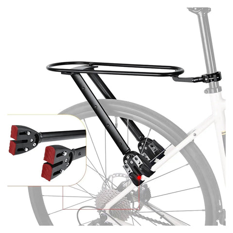 Adjustable Aluminum Alloy Bicycle Luggage Carrier for Gravel Bikes with secure rear rack mount displayed on white bike.