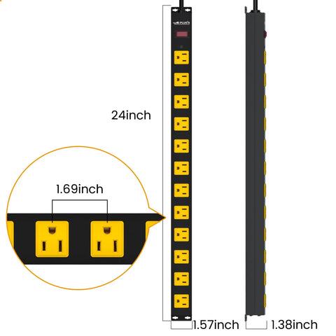 Long 12 Outlet Power Strip With 2100 Joules Surge Protector 6Ft Flat Plug Wide Spaced Outlets showing dimensions and outlets