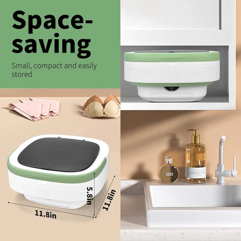 Hella Compact Slick Portable Washing Machine 20L Foldable Washer With Spin Basket 3 Mode Deep Clean shown from the side, measuring 11.8x5.8in.