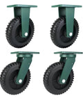 Heavy Duty Industrial Casters 6 And 8 Inch Set Of 4 Rock Solid Swivel Units With Heavy Locking Brakes Solid Rubber Wheels in a top view arrangement.