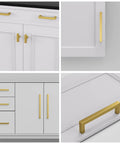 Gold Cabinet Pulls Set Of 30 With Brushed Brass Finish on white cabinetry, showing four and a quarter inch length and sleek design.