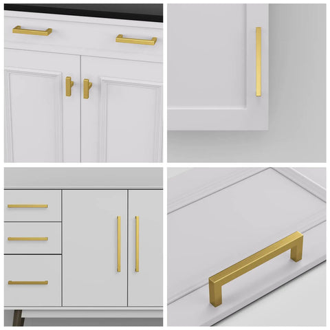 Gold Cabinet Pulls Set Of 30 With Brushed Brass Finish on white cabinetry, showing four and a quarter inch length and sleek design.