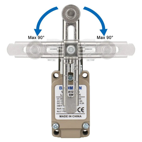 Adjustable Roller Lever Limit Switch SPDT 1NO 1NC Momentary Action Waterproof IP66 10A 380V shown with 180-degree lever rotation capabilities