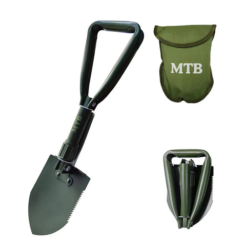 Beefy Folding Camping Shovel With Wood Saw Edge, High Carbon Steel Entrenching Tool, 18.3 Inch, Green with tactical carry case