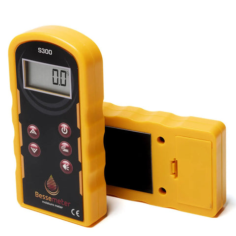 Pinless Wood Moisture Meter S300 with shallow scan, 0.25 inch readings, front and back view, pro grade accuracy, yellow casing.