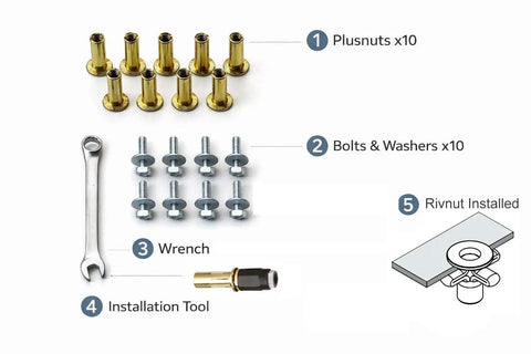 Grab This Epic Rivet Nut Installation Kit With Professional Setting Tool And 1/4-20 Pre-Bulbed Plusnuts Bolts Wrench For Easy Blind Hole Repair Jobs, plusnuts kit parts
