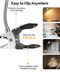 Clip On LED Desk Light With Clamp And Flexible Gooseneck 3 Color Modes And 10 Brightness Levels Perfect Reading Light For Bedtime Zoom Calls Dorms And Office Attach To Headboard Or Table showing clamp close up and usage examples