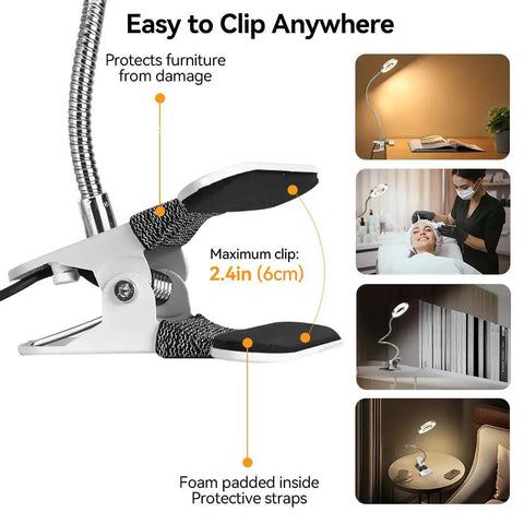 Clip On LED Desk Light With Clamp And Flexible Gooseneck 3 Color Modes And 10 Brightness Levels Perfect Reading Light For Bedtime Zoom Calls Dorms And Office Attach To Headboard Or Table showing clamp close up and usage examples