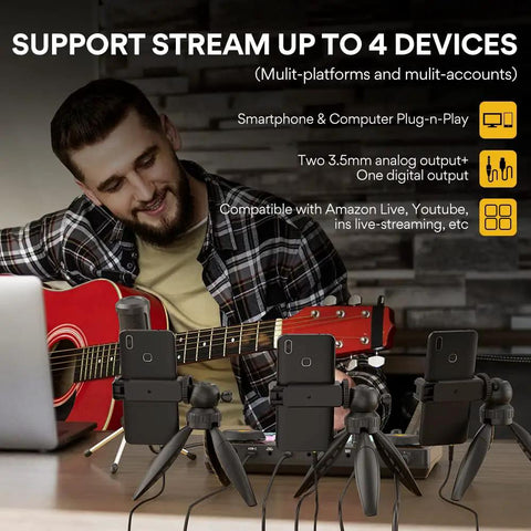 Man using All In One Podcast Studio Bundle With Mixer And USB Audio Interface Plus Condenser Microphone for streaming on guitar