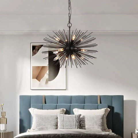 Black Sputnik Starburst Chandelier With 12 Lights 24 Inches Mid Century Firework Pendant Light Fixture for bedroom ceiling