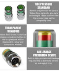 Four Pack Tire Pressure Monitor Valve Stem Caps With Three Color Eye Alert Reads 2.4 Bar 36 PSI For Car Tires Universal Valve Stem Caps No Fuss Install Durable Silver Finish