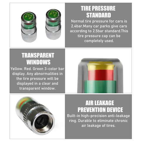 Four Pack Tire Pressure Monitor Valve Stem Caps With Three Color Eye Alert Reads 2.4 Bar 36 PSI For Car Tires Universal Valve Stem Caps No Fuss Install Durable Silver Finish