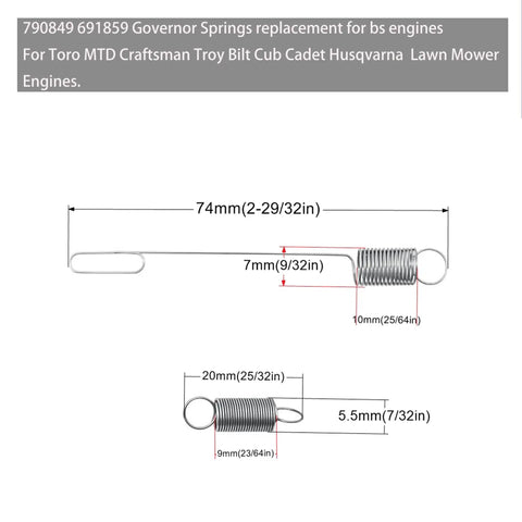 Detailed dimensions of governor springs from Throttle Return Springs Kit Six Piece For Small Engines And Lawn Equipment Including Governor Springs Anti Surge Idle Springs And Throttle Rods For Honda Briggs And Stratton Cub Cadet Troy Bilt MTD Go Kart Mini Bike Replacement
