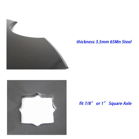 Close-up of notched harrow disc blade, 3.5mm thick, 65Mn steel, fits 7/8 to 1 inch square axle, part of 4 pack set.