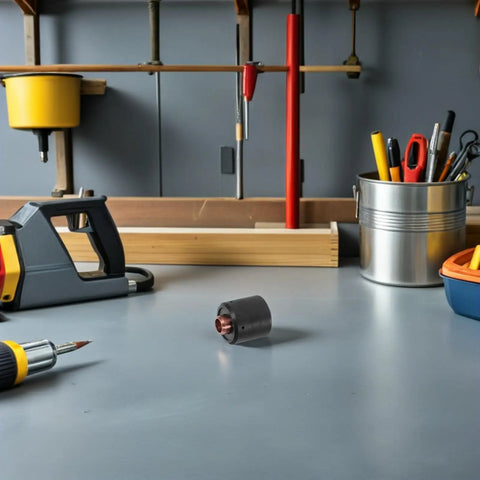 High Performance Plasma Cutter Start Cartridge Consumable With Circuit Protection For Durable Torch on a workbench, surrounded by tools.