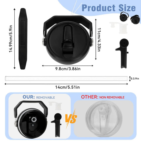 Top view of 20 Oz Tumbler Flip Straw Lid With Handle, Leak Proof No Spill Replacement For Stanley Quencher ProTour 20 Ounce, Reusable Black, Easy Clean.
