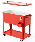 80 Quart Rolling Patio Cooler Cart With Drain, Locking Wheels, Bottom Storage Shelf, Bottle Opener And Cap Catcher For Poolside Parties, Backyard BBQs, Outdoor Events And Grilling Sidelines Red, red metal finish, open lid view