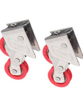 Real Deal Heavy Duty Sliding Door Rollers With Dual Wheel Setup in stainless steel, featuring red wheels for smooth operation.