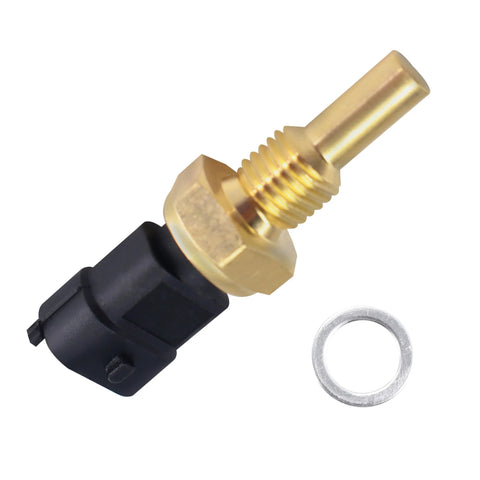 Close-up of HiSport coolant temperature sensor with brass threaded stem and black plastic connector; includes washer