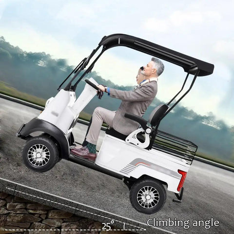Electric Golf Cart 4 Wheel Mobility Scooter With Cargo Box Heavy Duty Farm Utility Vehicle For Seniors Adults 800W Brushless Motor 60V Battery 12 Mph No Sweat Cruising Easy Roll White climbing a slope with two riders.