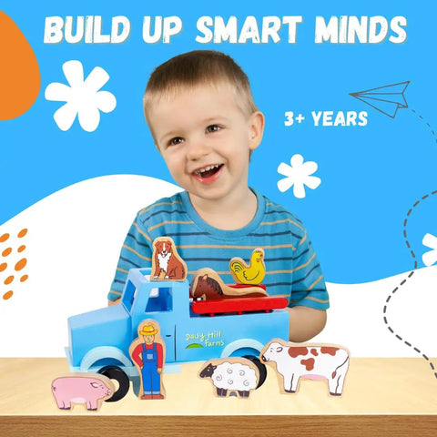 Child playing with Down on the Farm Magnetic Truck Playset With 7 Barnyard Figures, Old School Wooden Pickup for Screen Free Imaginative Play