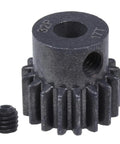 Beefy Metal Pinion Gear Set 0.8 Metric Pitch 32, 17T gear for 1/10 Traxxas Slash RC cars, includes grubscrew, close-up view