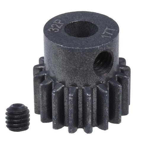 Beefy Metal Pinion Gear Set 0.8 Metric Pitch 32, 17T gear for 1/10 Traxxas Slash RC cars, includes grubscrew, close-up view