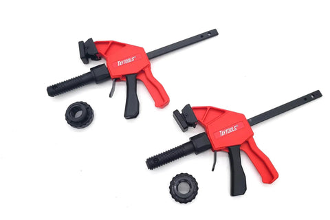 Hella Tight 12 Piece MFT Table Clamp Kit For Workbenches Featuring 4 Inch Vertical And Horizontal Clamps with locking knobs and components.