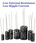 Massive 500Pcs Aluminum Electrolytic Capacitor Kit With 24 Value Range From 0.1uF To 1000uF And 10V 16V 25V 50V Ideal For Quick Electronics Repairs On Circuit Boards shown with low internal resistance and ripple current.
