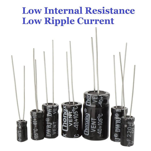 Massive 500Pcs Aluminum Electrolytic Capacitor Kit With 24 Value Range From 0.1uF To 1000uF And 10V 16V 25V 50V Ideal For Quick Electronics Repairs On Circuit Boards shown with low internal resistance and ripple current.