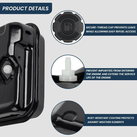 Heavy Duty Gas Fuel Tank Replacement For 208cc 163cc 5HP 6.5HP OHV Engines Used In Pressure Washers Water Pumps Chipper Shredder And More Durable Steel Construction For Long Lasting Fuel Safety - Secure-thread cap and rust-resistant coating details