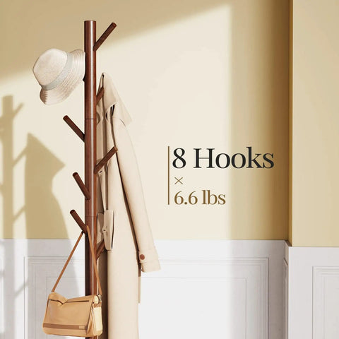 Sturdy Wooden Coat Tree With Eight Hooks Height Adjustable At 39.8 54.3 And 68.9 Inches Hat Stand For Bedroom Office Or Entryway
