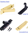 Sliding Pocket Door Handles 304 Stainless Steel Non Locking Pocket Door Hardware Recessed Flush Finger Pull Edge Pull Heavy Duty 6 Inch Satin Brass Finish Set with images of gold and black handle options, screws included, and labeled features such as concealed screws and larger swing.
