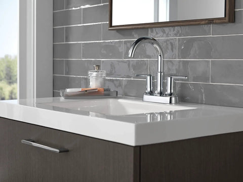 Modern vanity with Trinsic Chrome Centerset Bathroom Faucet With Diamond Seal Technology And Metal Drain Assembly installed