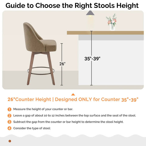 Guide to stool height with 26 Inch Counter Height Swivel Bar Stools Set Of 2 With Backs Linen Upholstery Solid Wood Legs