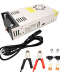 Beefy 600W 12V DC Power Converter with 50A Peak, 110V 220V AC in, showing switch transformer for RVs, accessories included.