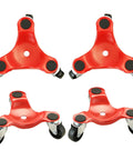 4 Pack Steel Tri-Dollies Set With 220 Lb Load Capacity, 3 Wheel Furniture Movers, red steel body, black wheels.