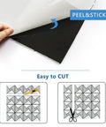 Peel And Stick Backsplash Tile Set With Glass And Metal Pinwheel Pattern showing self adhesive backing and cutting instructions.