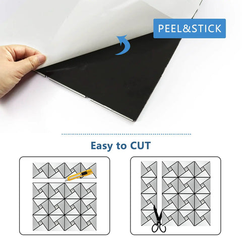Peel And Stick Backsplash Tile Set With Glass And Metal Pinwheel Pattern showing self adhesive backing and cutting instructions.